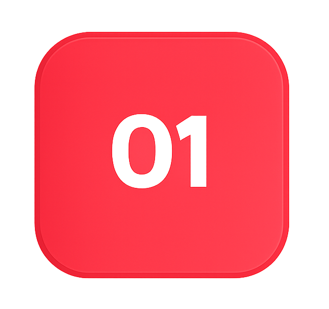 1 svg Red glowing rounded-square button with the number 01 embossed in the center (step/indicator button).