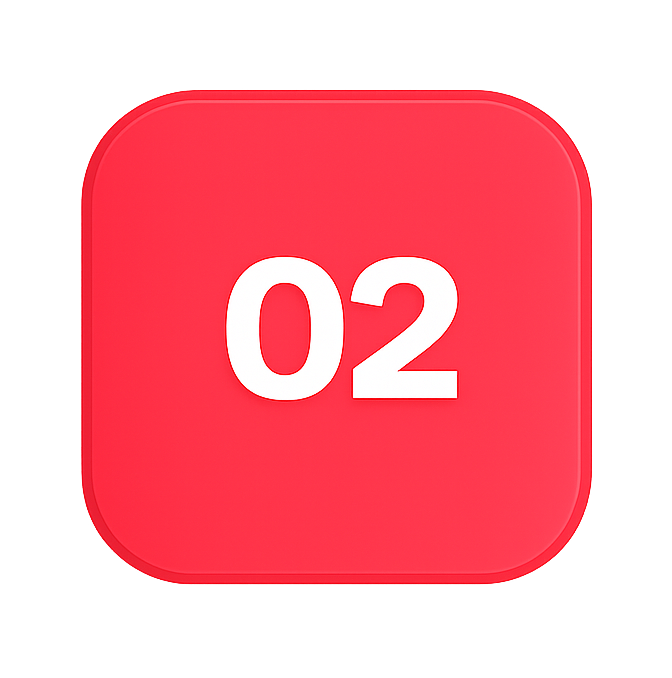 2svg Red rounded square button with the number 02 glowing; indicates step 2