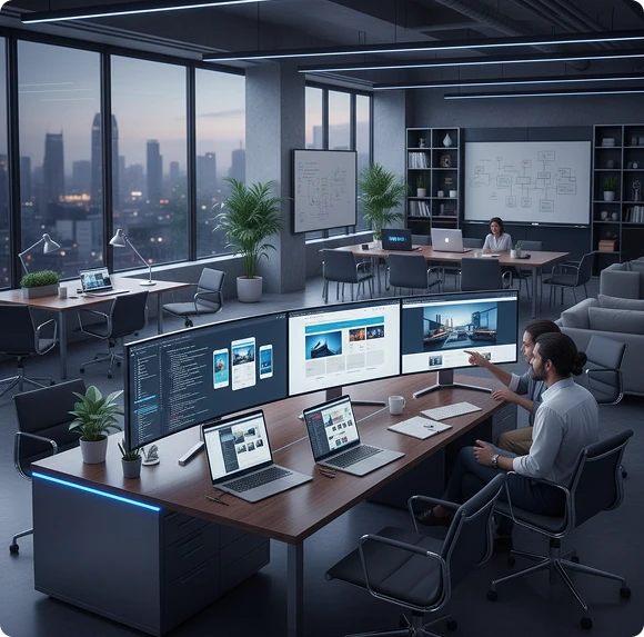 Agence-de création-de-sites-web-image Open-plan tech office with multiple workstations, large windows, and city skyline view at dusk; people work on laptops and large monitors.