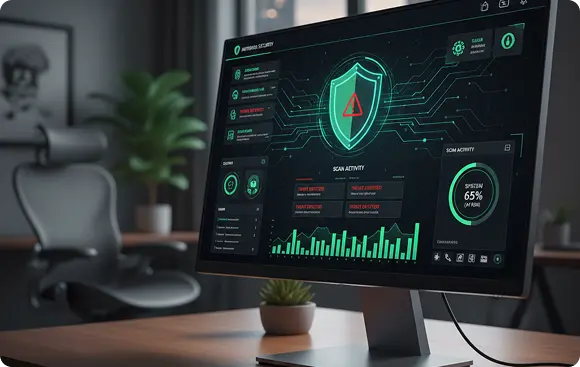 Sécurité informatique et cybersécurité à Genève Un écran affiche un tableau de bord de cybersécurité avec une analyse antivirus et de sécurité informatique à Genève.