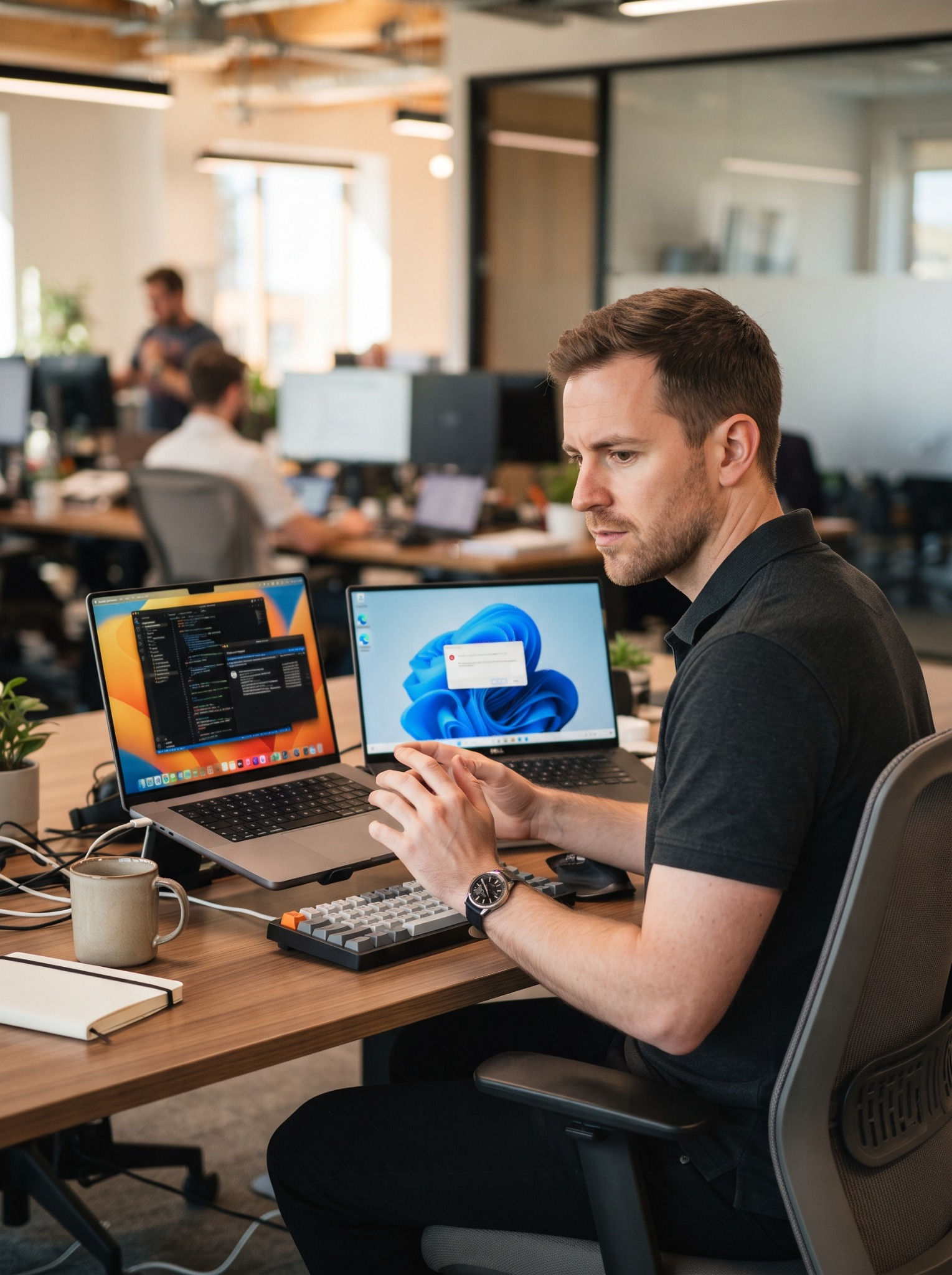 Dépannage-Windows-et-macOSHero Man coding at a shared office desk with two laptops open to code and a coffee mug nearby in a bright open-plan workplace.