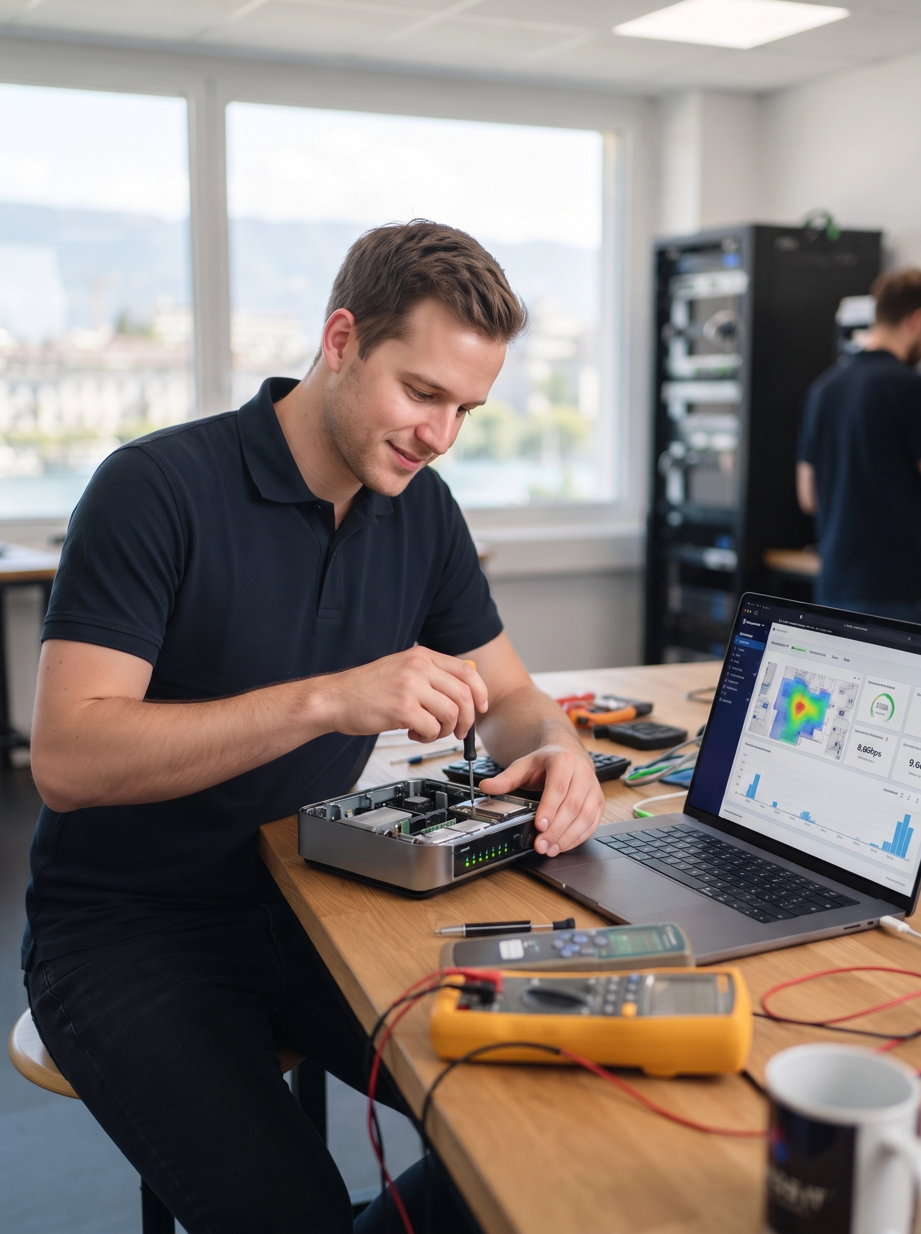 Dépannage-de-Réseau-Informatique-hero Man in a navy polo repairs a computer motherboard at a workspace, laptop open with graphs visible on the screen