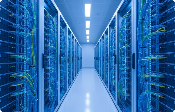 Salle serveurs et infrastructure informatique à Genève Salle de serveurs moderne avec un câblage réseau ordonné et des baies de serveurs dans un centre de données à Genève.