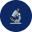 Blue circular emblem featuring a white abstract design with a small yellow dot accent (likely a logo).