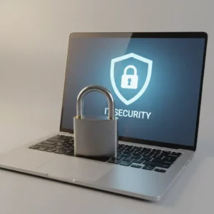 Sécurité informatique et cybersécurité à Genève Ordinateur portable avec un cadenas sur le clavier et un symbole de protection de la sécurité informatique à l'écran, à Genève.