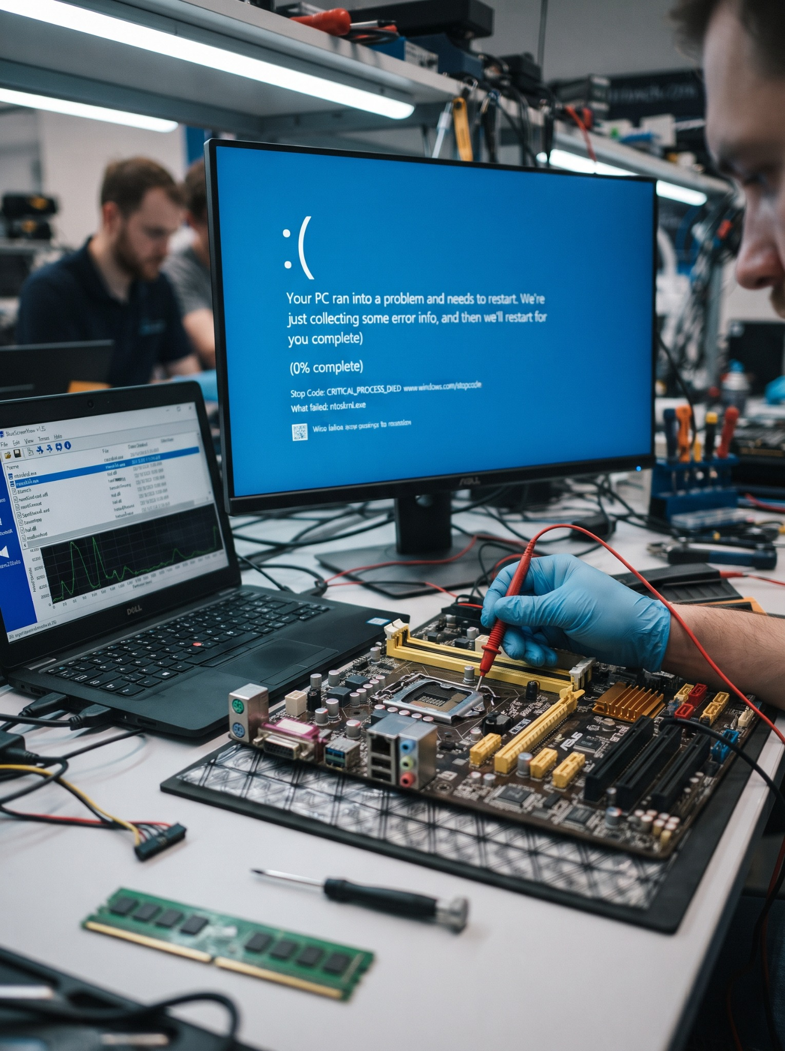 IT-expert-diagnosing-BSOD Technician wearing blue gloves tests a motherboard while a blue error screen is displayed on a monitor in the background.