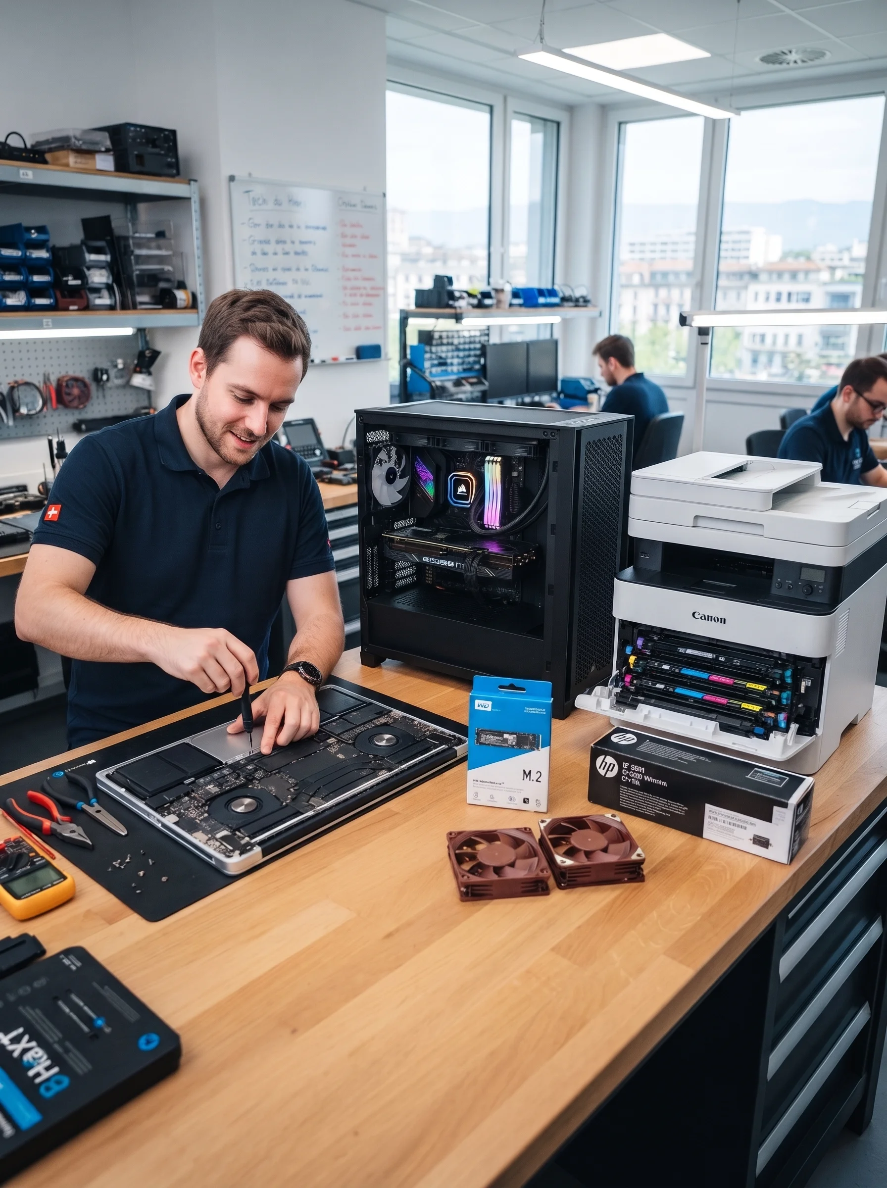 IT-repair-bench-work-technician Man assembling a laptop at a wood workbench in a tech repair shop, with an open PC case showing RGB lighting nearby.