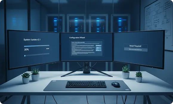 Mise à jour du système et infrastructure informatique – Genève Trois écrans posés sur un bureau affichent une mise à jour du système et une configuration de serveur à Genève.