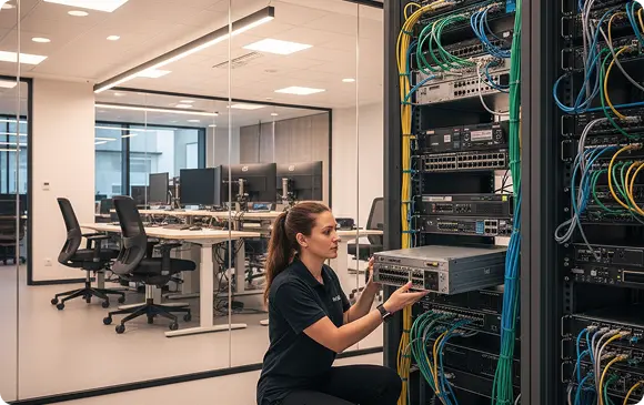 Installation de serveurs et de réseaux à Genève Une technicienne informatique installe un serveur dans l'armoire à serveurs d'un bureau à Genève.
