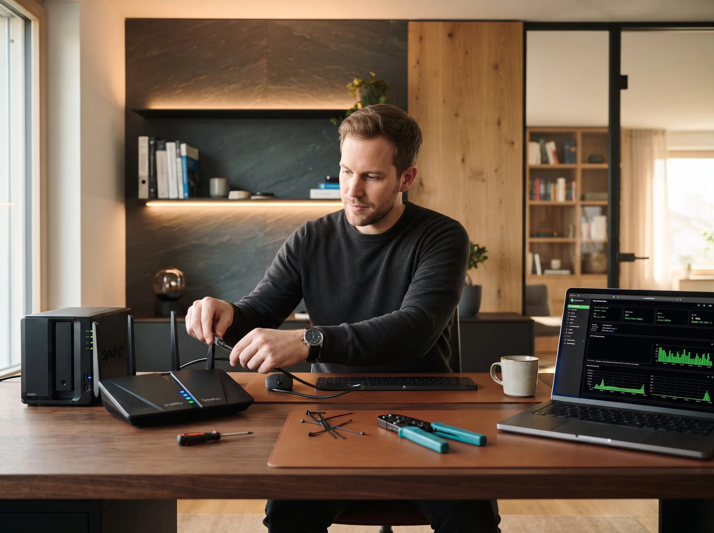 Male-technician-connecting-Ether Man in a black sweater sits at a wooden desk, connecting cables between a NAS drive and other devices in a modern home office.