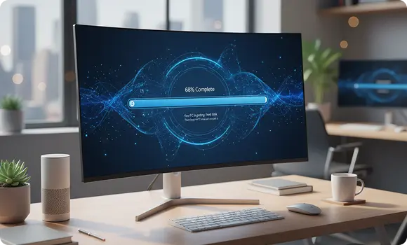 Mise à jour du système et support informatique à Genève Un écran incurvé affiche une mise à jour numérique du système et une optimisation dans le cadre de la maintenance informatique à Genève.