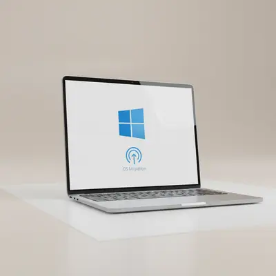 Migration du système d'exploitation Windows sur ordinateur portable à Genève Un ordinateur portable affiche la migration du système d'exploitation Windows pour des mises à niveau professionnelles à Genève.