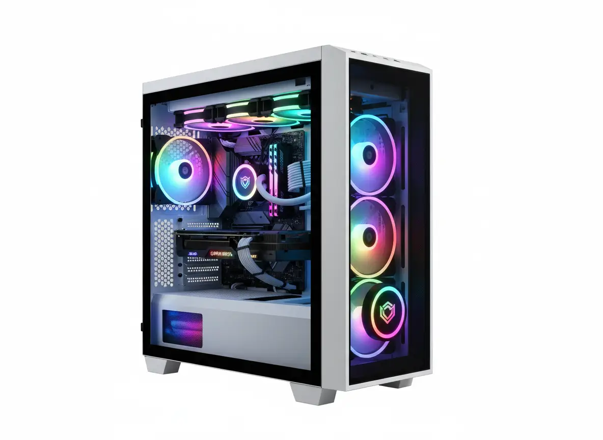 Gaming desktop PC with a glass side panel, showcasing RGB-lit fans and components inside.