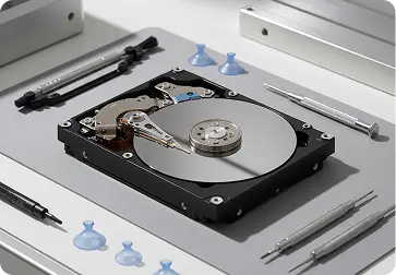 Récupération de données et réparation de disques durs Disque dur ouvert, avec des outils de précision pour la récupération mécanique de données, dans un laboratoire à Genève.