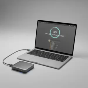 Récupération professionnelle de données sur ordinateur portable à Genève L'ordinateur portable effectue la récupération et la restauration de données à partir d'un disque dur externe.