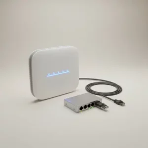Routeur Wi-Fi et commutateur réseau à Genève Routeur Wi-Fi blanc et commutateur réseau compact pour réseaux informatiques à Genève.