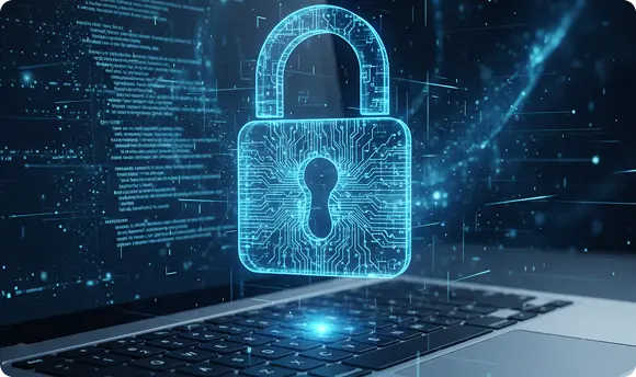 Sécurité informatique et cybersécurité à Genève Icône de cadenas numérique sur le clavier d'un ordinateur portable, symbolisant la cybersécurité et la protection des données à Genève.