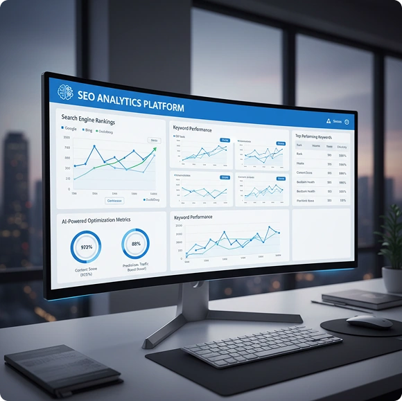 Seo-ia-service-image Monitor displaying an SEO analytics dashboard with multiple charts and KPI panels on a modern desk. (informative)