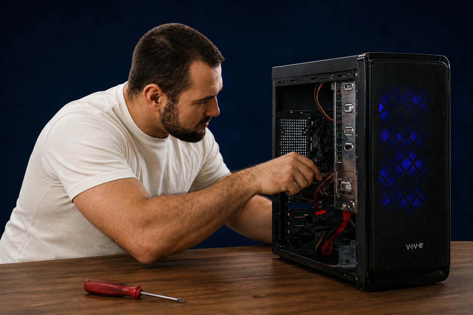 Technicien réparant un ordinateur de bureau sur une table en bois à Genève.