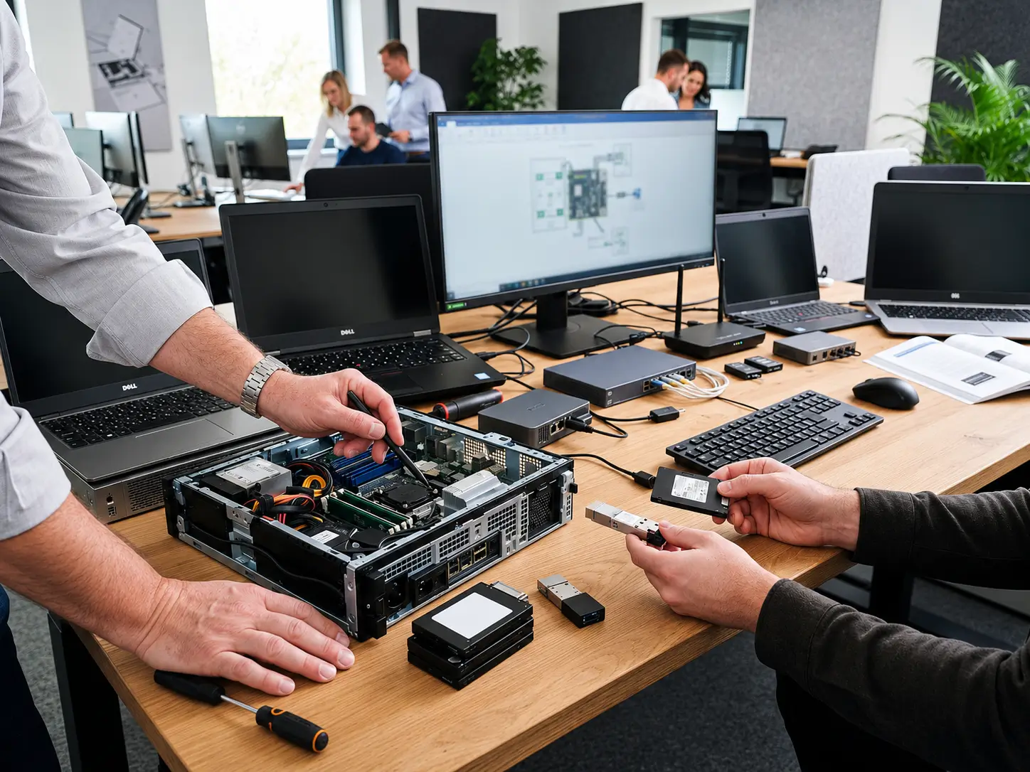 Un technicien informatique étudie le matériel et les composants d'un PC à Genève.