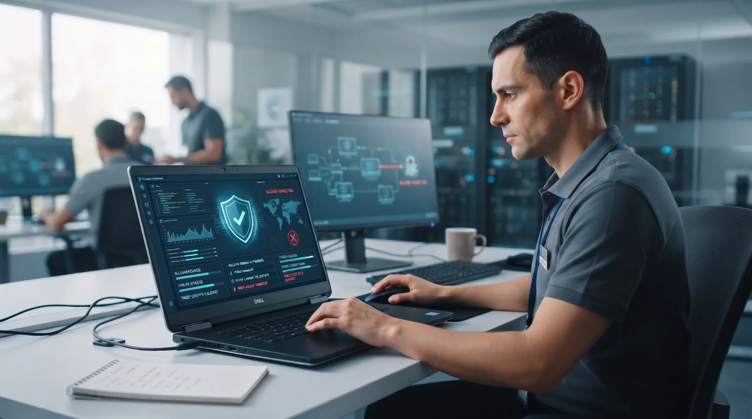 Dépannage-et-sécurisation-informatique IT professional working at a laptop displaying a cybersecurity dashboard with a server room in the background.