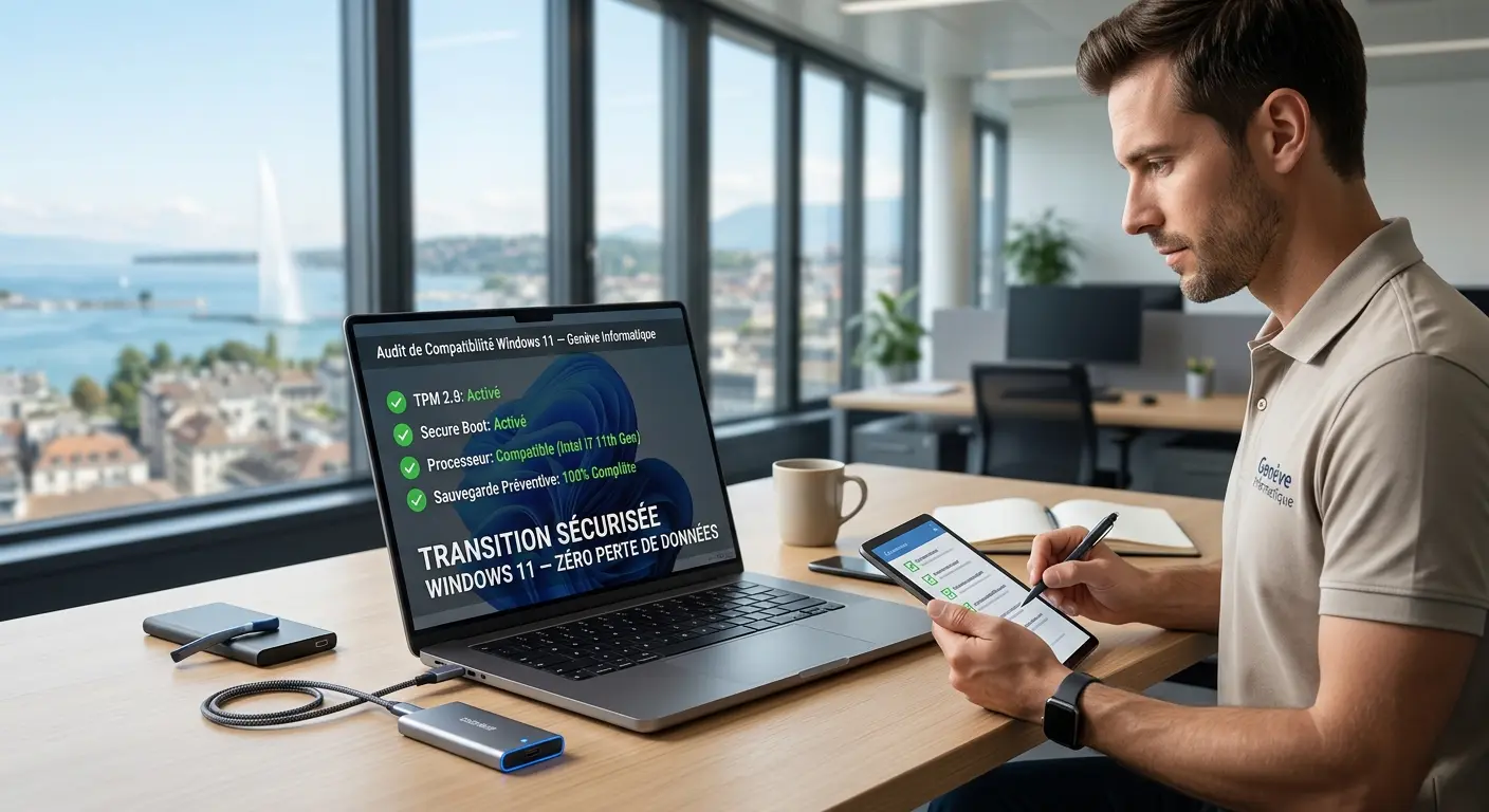 Un spécialiste informatique effectue une vérification de compatibilité avec Windows 11 sur un ordinateur portable à Genève.