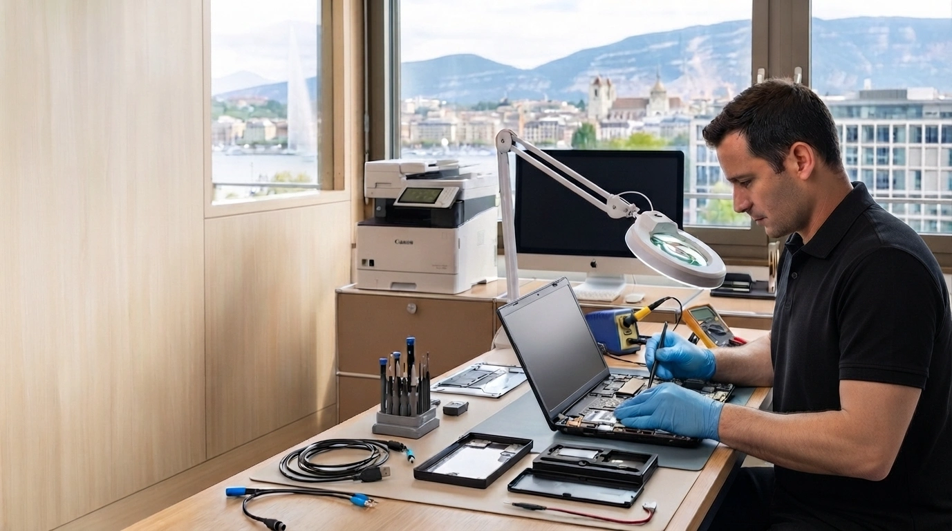 Professionelle Laptop-Reparatur in Genf IT-Techniker führt unter Verwendung von Spezialwerkzeugen eine fachgerechte Laptop-Reparatur in Genf durch.