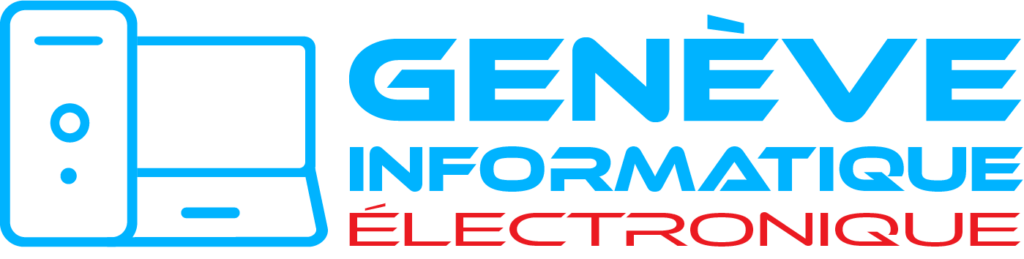 Logo de Genève Informatique Électronique avec une icône d'ordinateur bleue et du texte rouge.