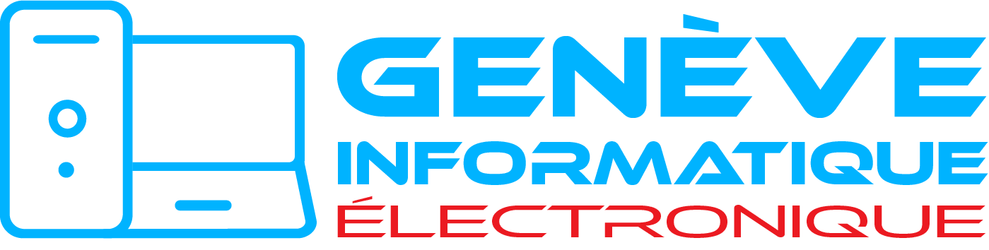 Logo for GenÃ¨ve Informatique Electronique featuring a blue outline computer icon and blue/red text.