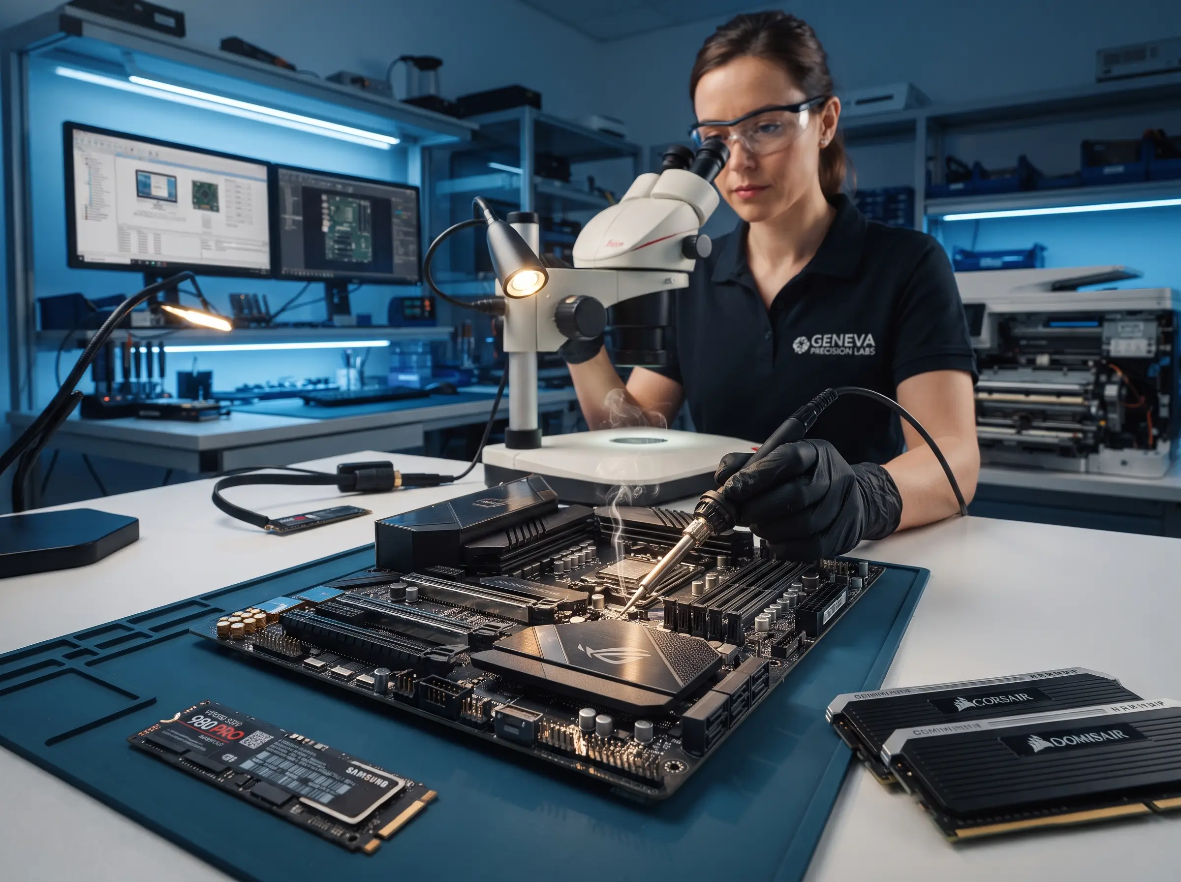 Une technicienne informatique effectue une réparation précise de carte mère sous microscope à Genève.