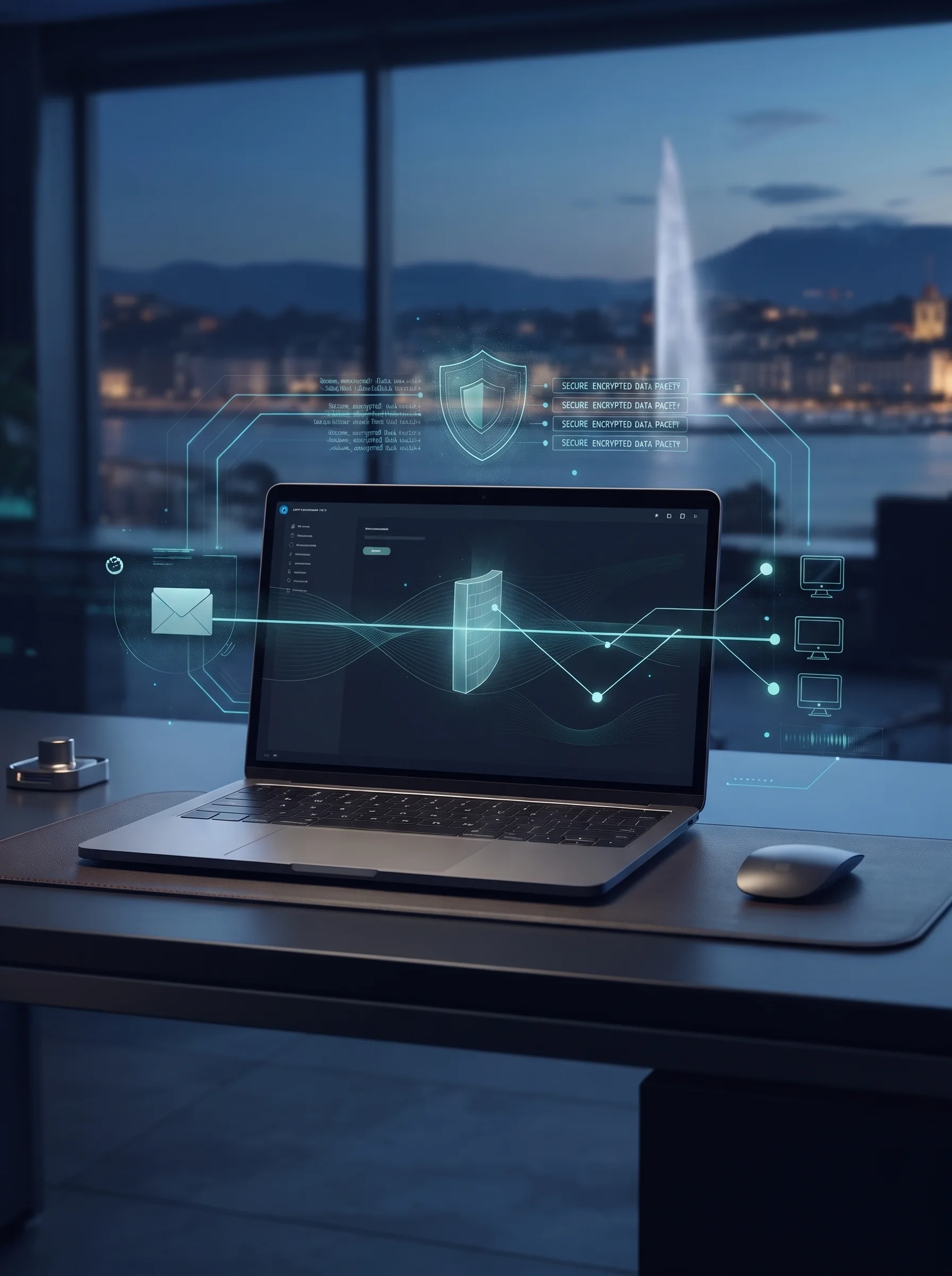 Sécurité-Informatique-Hero Laptop on a desk with glowing holographic security graphics projected from the screen, city skyline at dusk in the background.