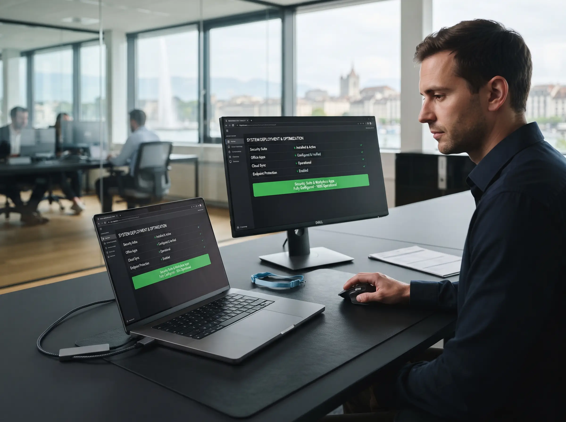 Specialist_configuring_software__2K_202608141459 Man in a dark shirt sits at a desk in a bright office, looking at a monitor displaying a System Deployment & Optimization dashboard.