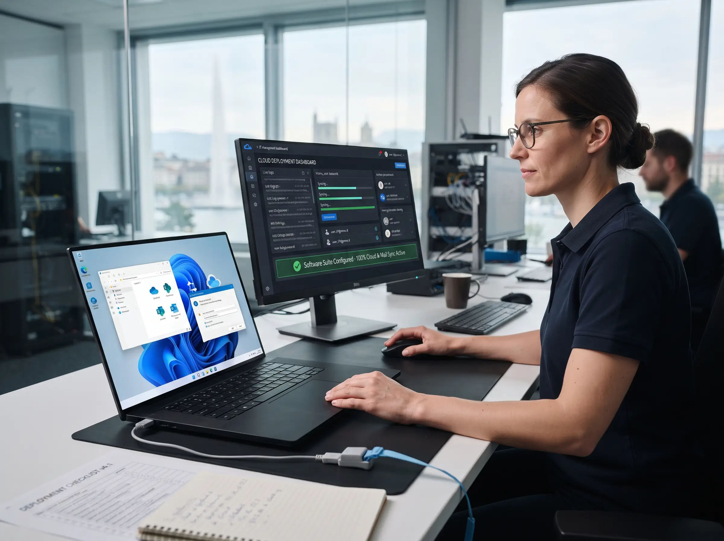 Technician_configuring_software__2K_202608141508 Woman with glasses seated at a desk, monitoring a multi-monitor setup with a cloud deployment dashboard on the main screen.