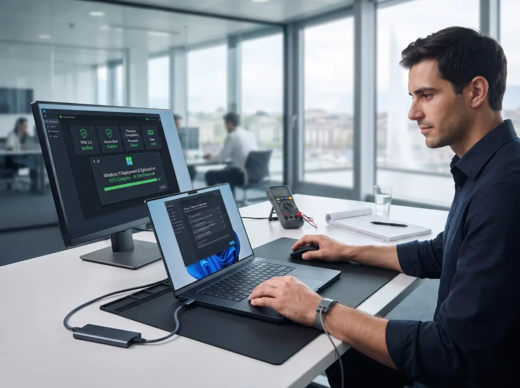 Man in a dark shirt works at a white desk with a laptop and two large monitor screens displaying dashboards in a bright office.