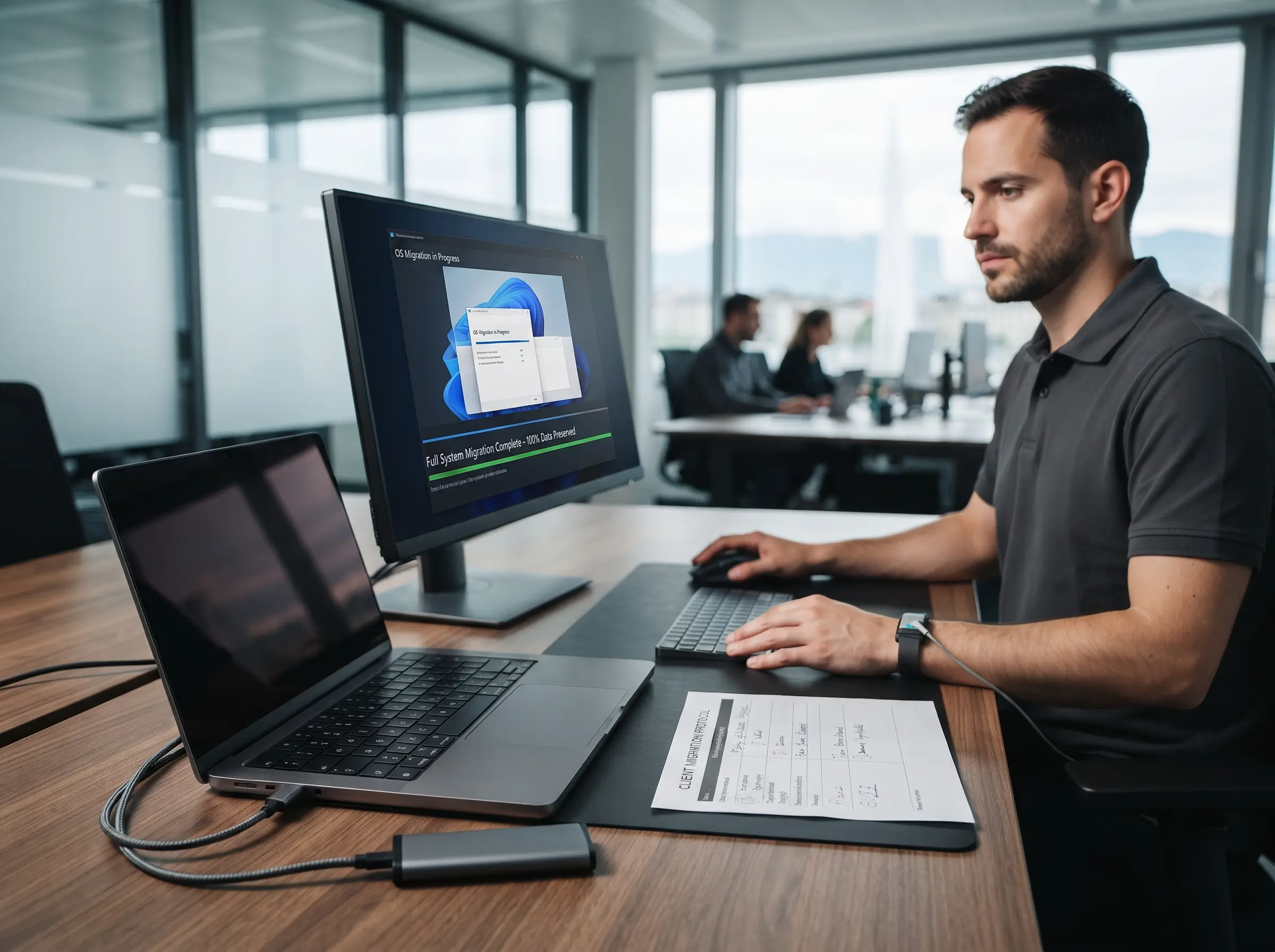 Man in a dark polo shirt works at a desk with a large monitor showing OS migration in progress, in a bright office.