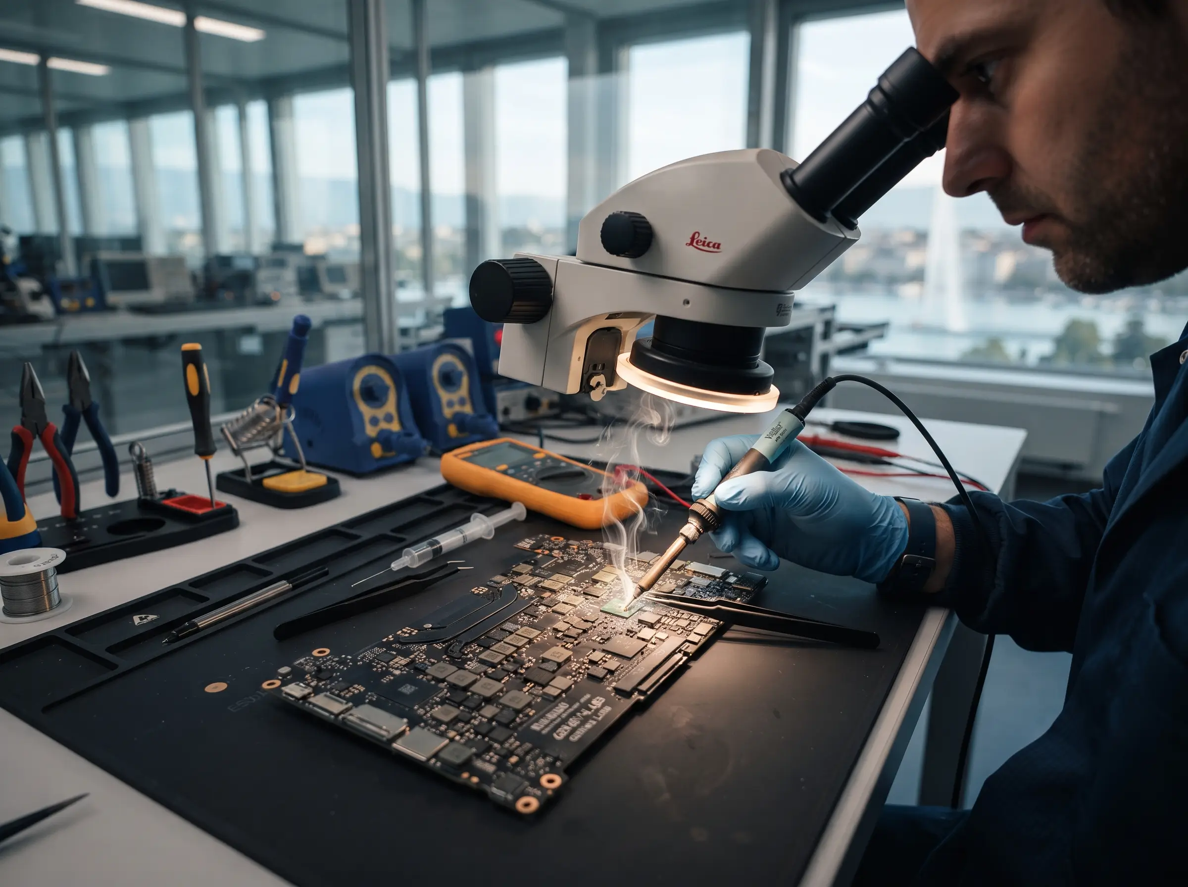 Technician_repairing_computer_mo_2K_202608131008 Person soldering a circuit board under a microscope in a laboratory setting, with assorted tools nearby.
