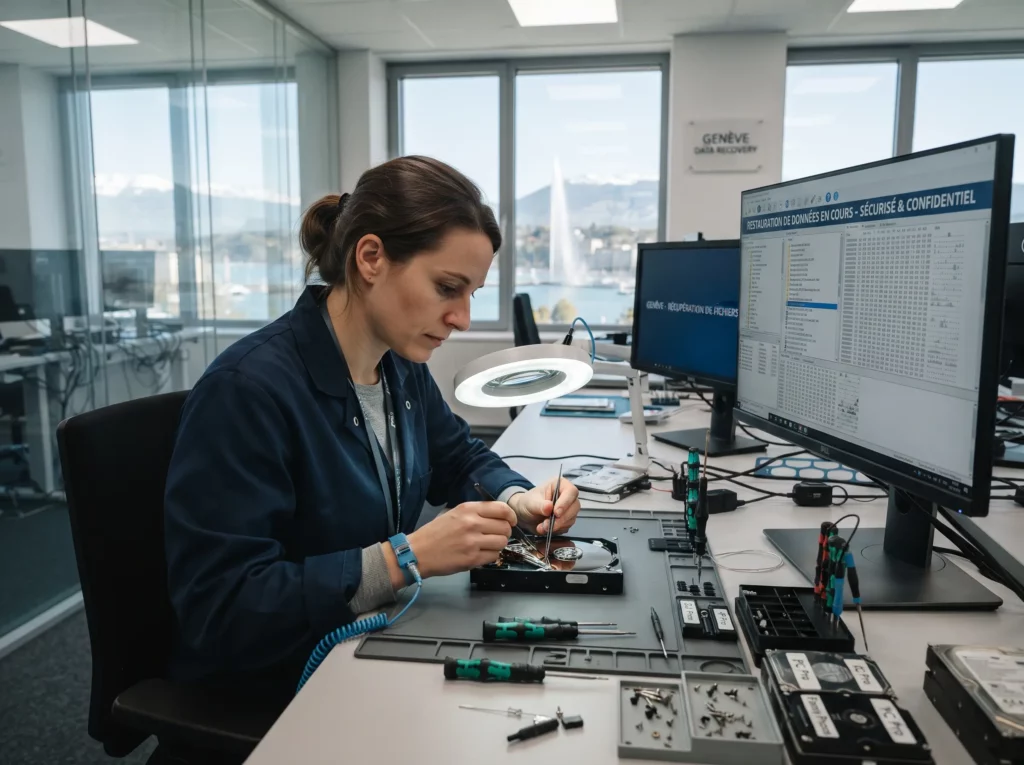 Technician_repairing_hard_drive_2K_202608121604 Woman in a lab coat repairing a circuit board under a magnifying lamp at a workbench with tools and a large monitor showing data.