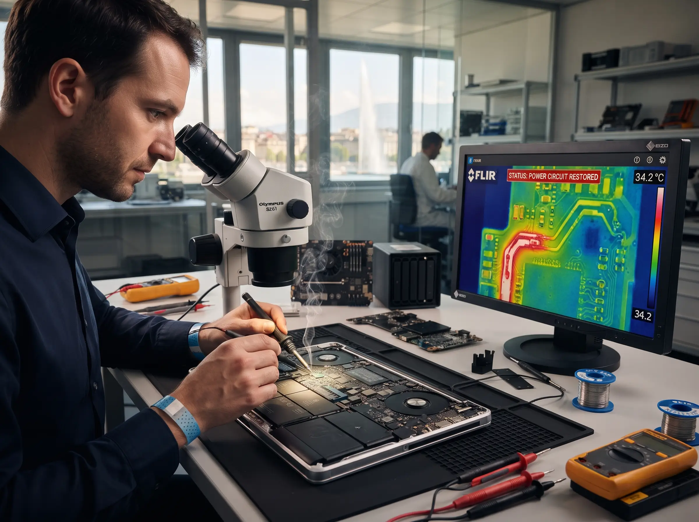 Technician_repairing_laptop_moth_2K_202608121335 Engineer inspecting a circuit board under a microscope at a lab bench with a thermal imaging monitor displaying heat patterns.