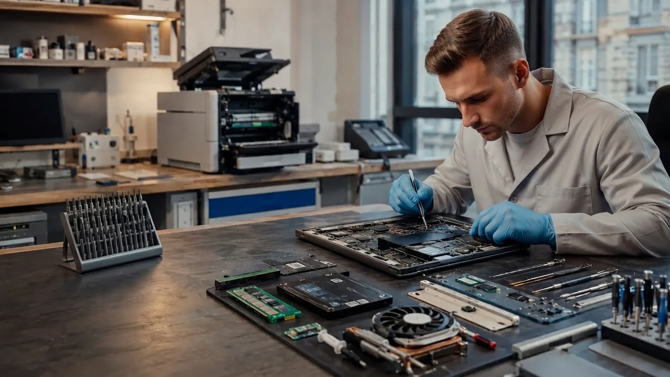 Professionelle Laptop-Hardware-Reparatur in Genf IT-Techniker repariert das ausgebaute Mainboard eines Laptops mit Präzisionswerkzeugen in einem Service-Center in Genf.