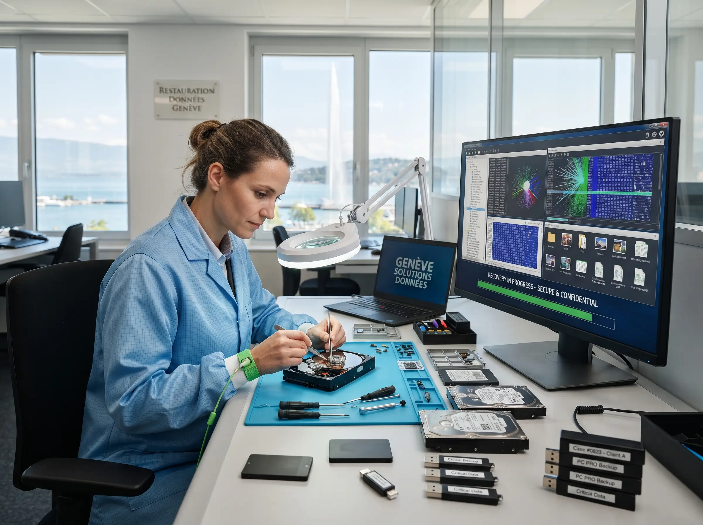 Woman_performing_hard_drive_reco_202608121611 Woman in a blue lab coat assembling electronics at a workstation, with a monitor showing data visualizations and spare drives nearby.