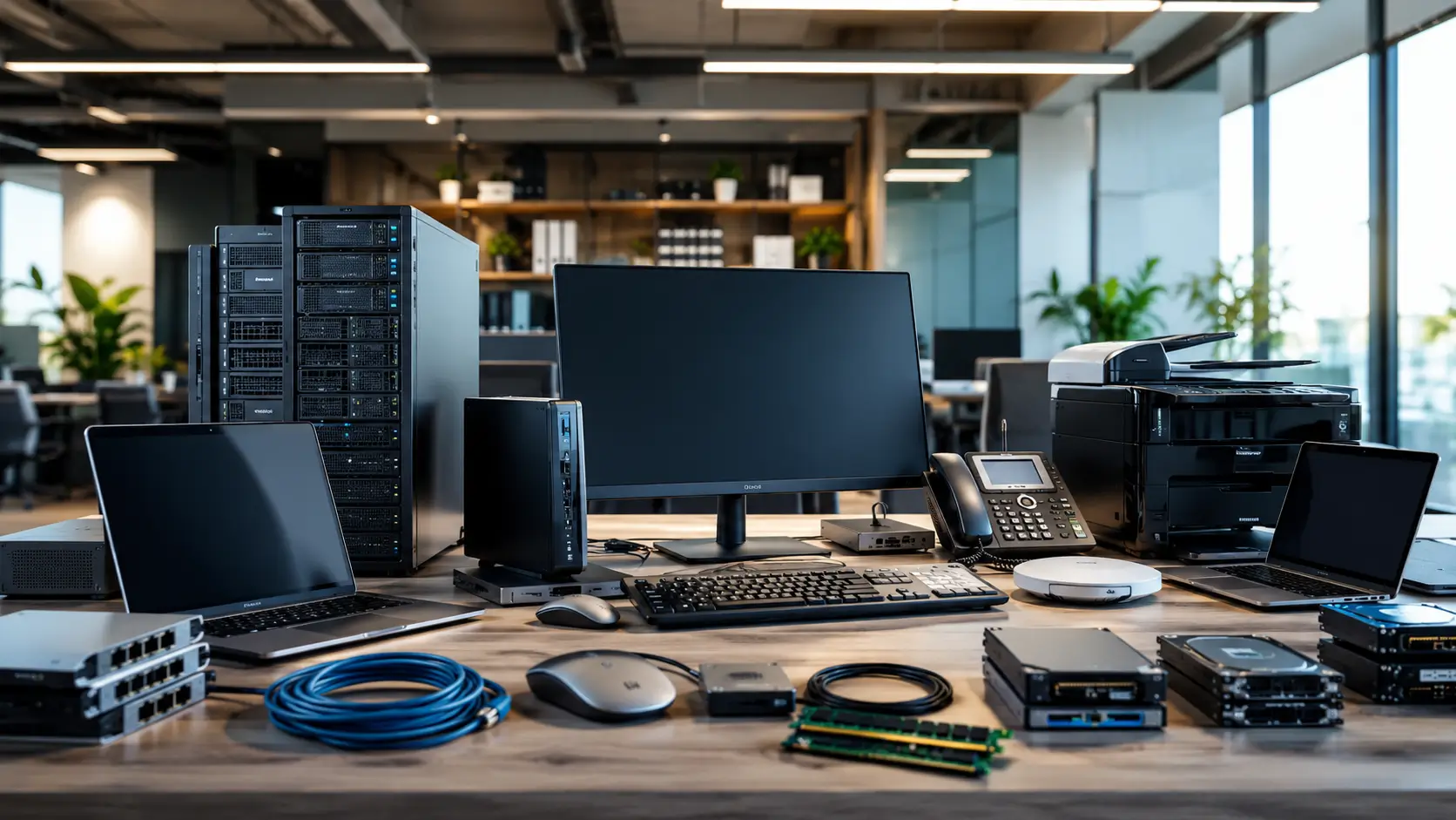 achat-de-materiels-informatiques-hero Open office desk with a tall server rack, a widescreen monitor, laptops, a printer, phones, and Ethernet cables on a wooden table.