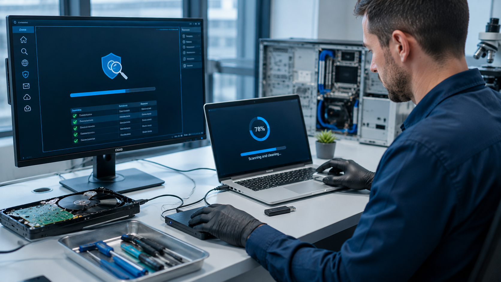Nettoyage de virus et suppression de malware Technicien analysant un ordinateur pour la suppression de virus et de logiciels malveillants à Genève.