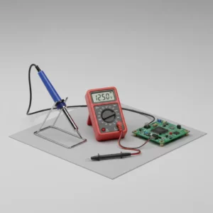 Fer à souder et multimètre utilisés par notre entreprise informatique à Genève pour un diagnostic électronique précis