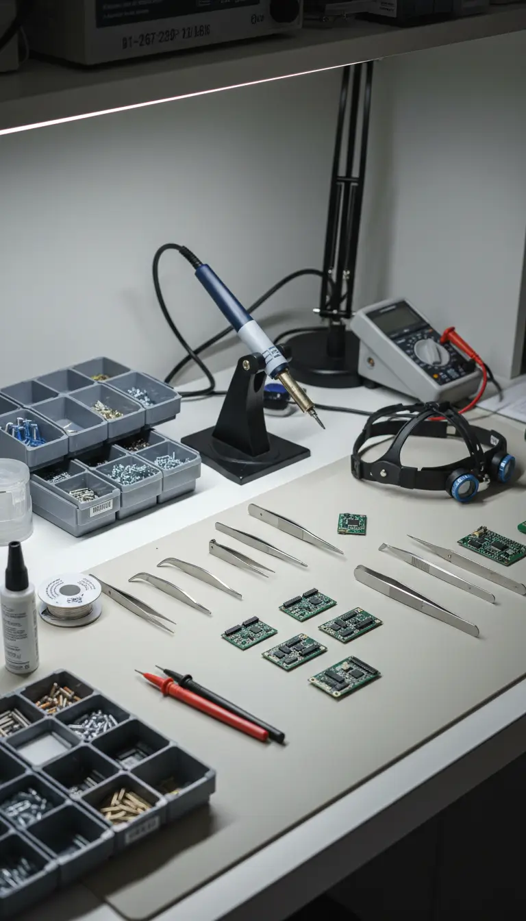 Établi de Genève Informatique & Électronique équipé pour la réparation électronique et l'assistance informatique à Genève