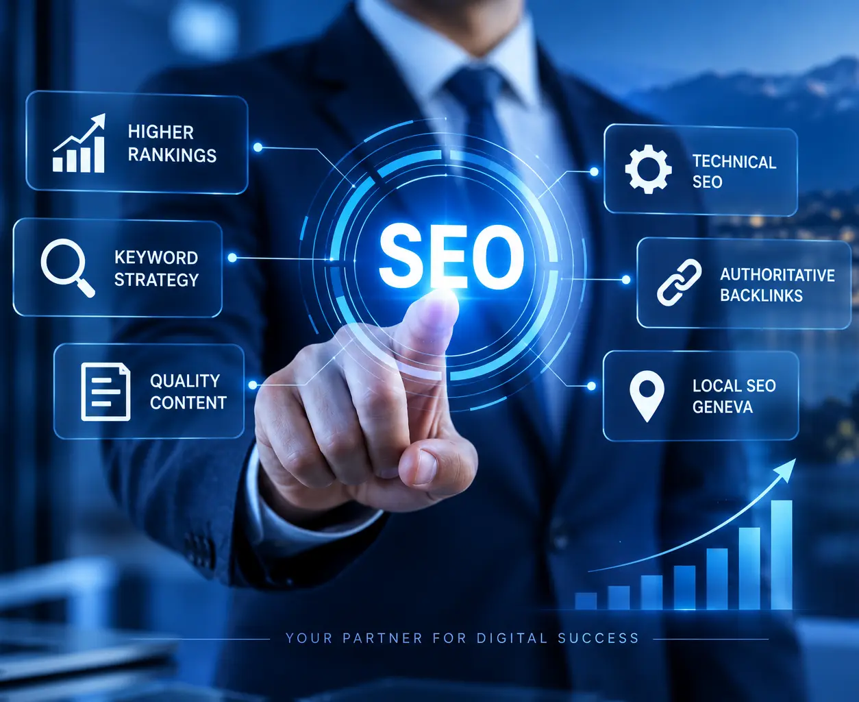 Agence SEO Genève spécialisée en stratégie SEO, optimisation technique, contenu de qualité et acquisition de backlinks
