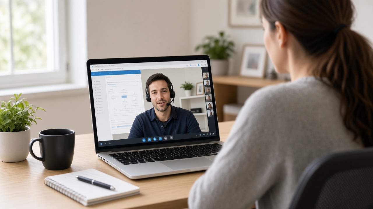 Utilisatrice devant un ordinateur portable pendant une visioconférence