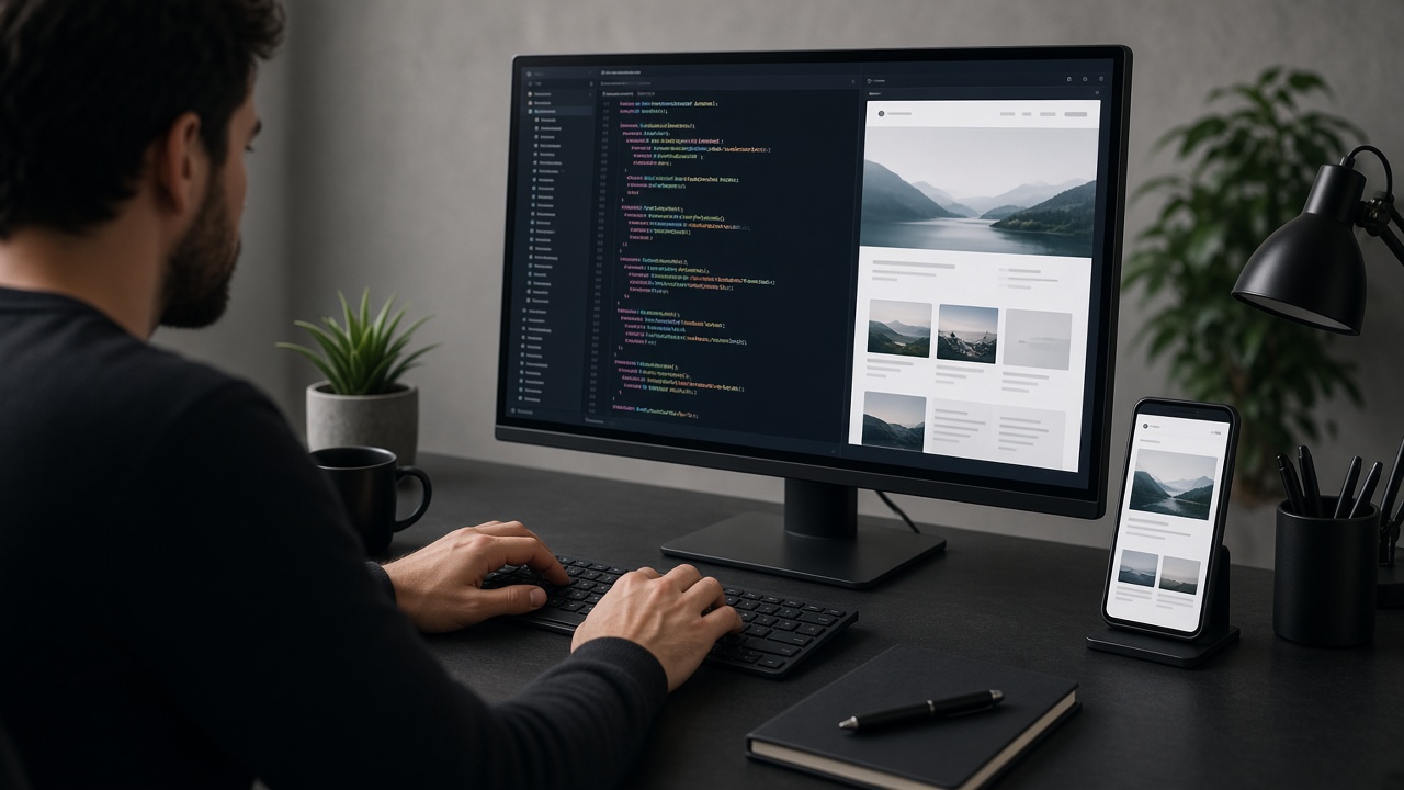 Développeur devant du code et un aperçu de site web sur son écran