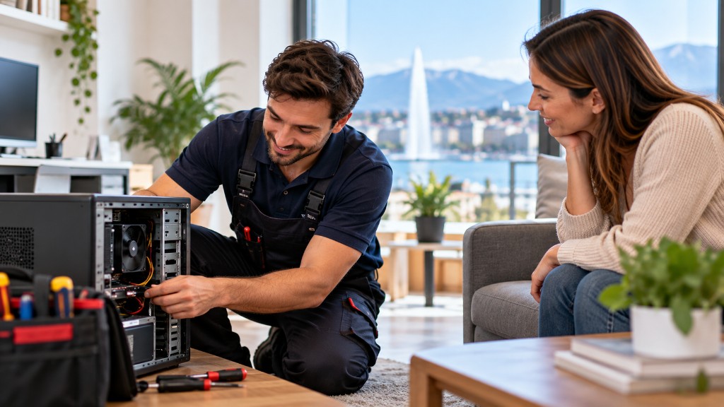 Technicien montrant les composants d’un ordinateur de bureau ouvert à une utilisatrice