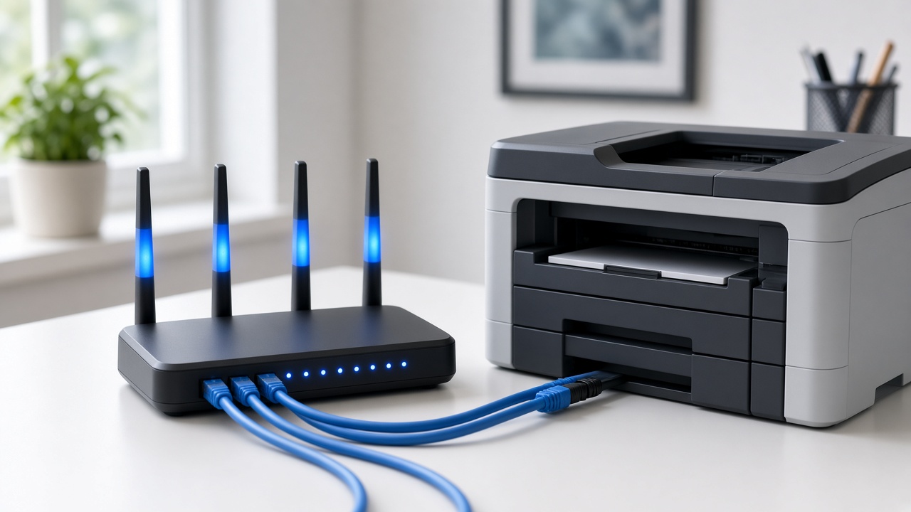 Routeur Wi-Fi avec des câbles réseau à côté d’une imprimante