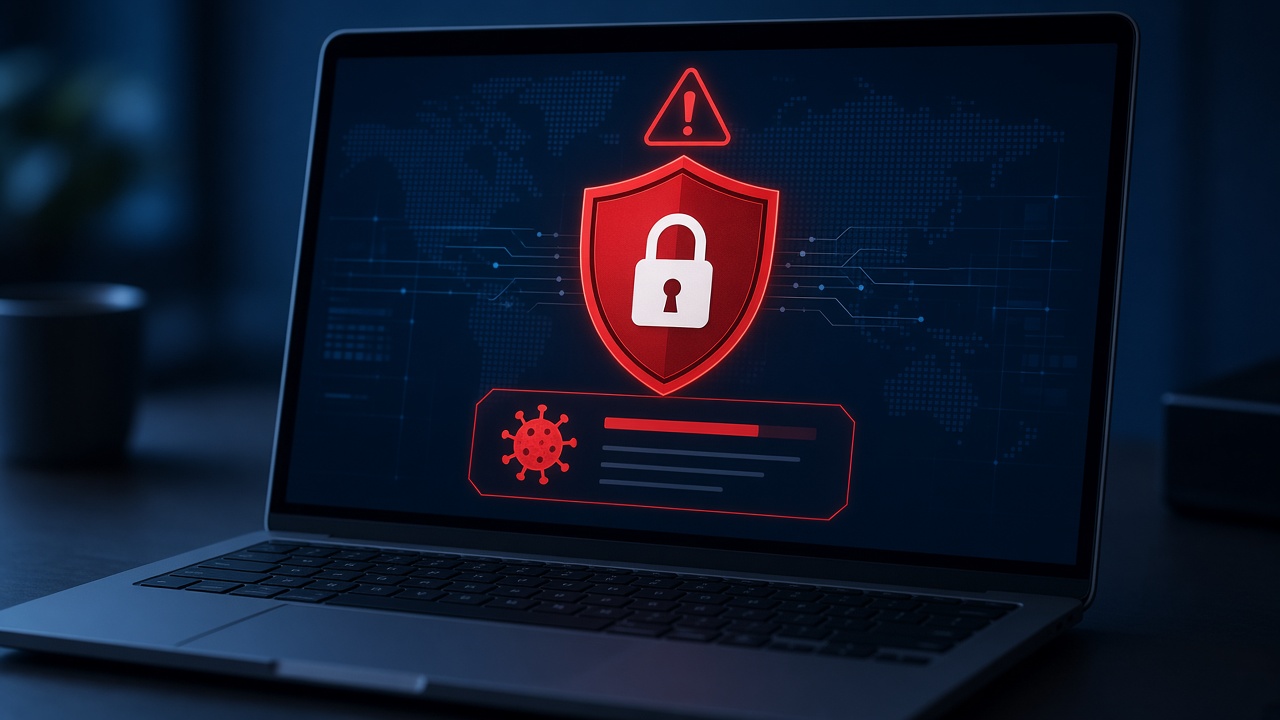 Écran d’ordinateur affichant une alerte rouge, un cadenas et un symbole de virus
